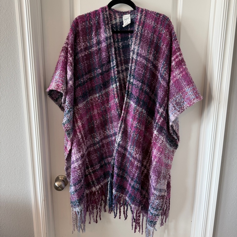 Woolrich Becca‎ Purple Plaid Soft Cozy Woven Fringe Blanket Wrap Poncho One Size